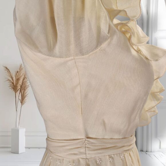 Vintage 70s Ruffle Neck Maxi Dress Size 4 Cream Eyelet Voile Bell Sleeve - Picture 7 of 16